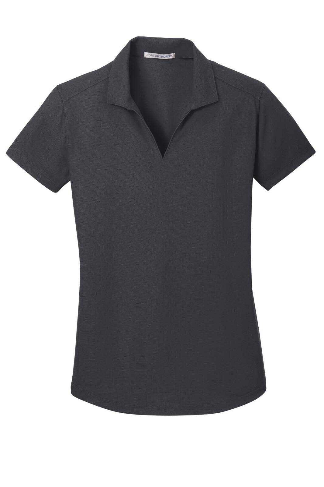 A dark grey ladies' polo shirt with a classic collar and short sleeves, featuring a logo.