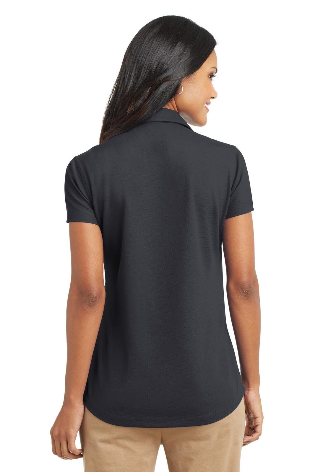 A black ladies' polo shirt with short sleeves, featuring a logo on the back.