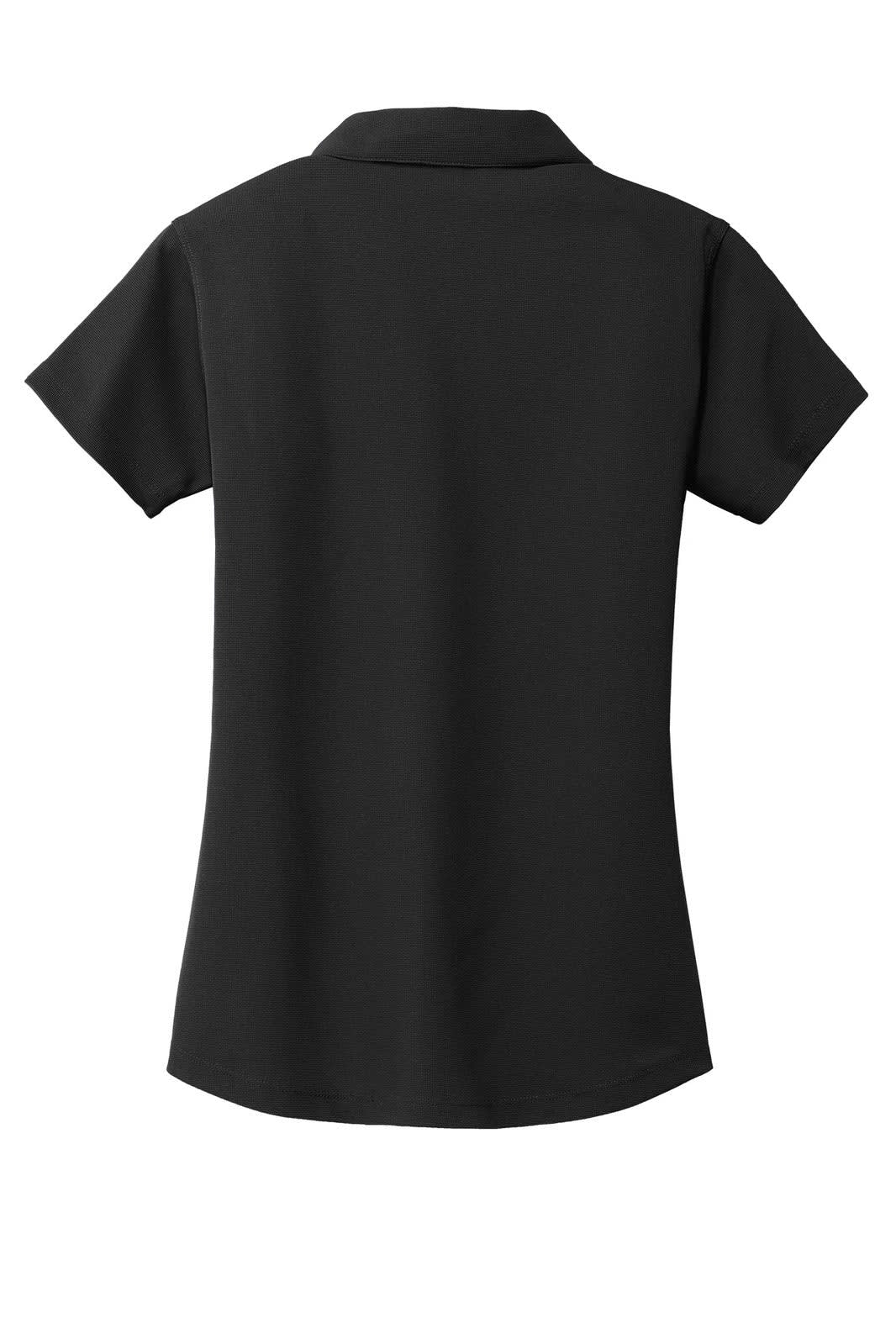 A black ladies' polo shirt with a collared neck and short sleeves, featuring a logo. 
