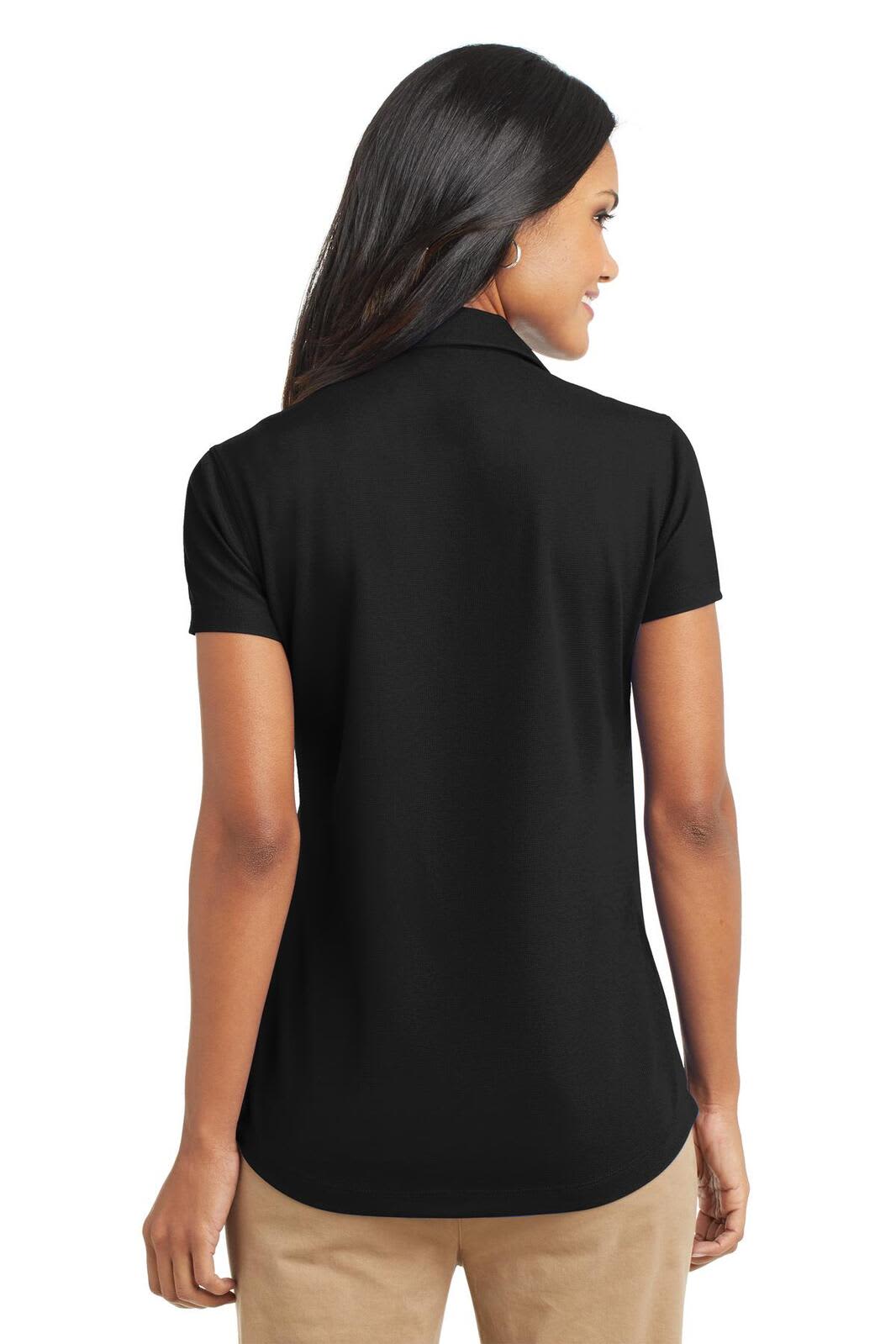 A black ladies' polo shirt with a grid pattern, featuring a collar and short sleeves, viewed from the back.