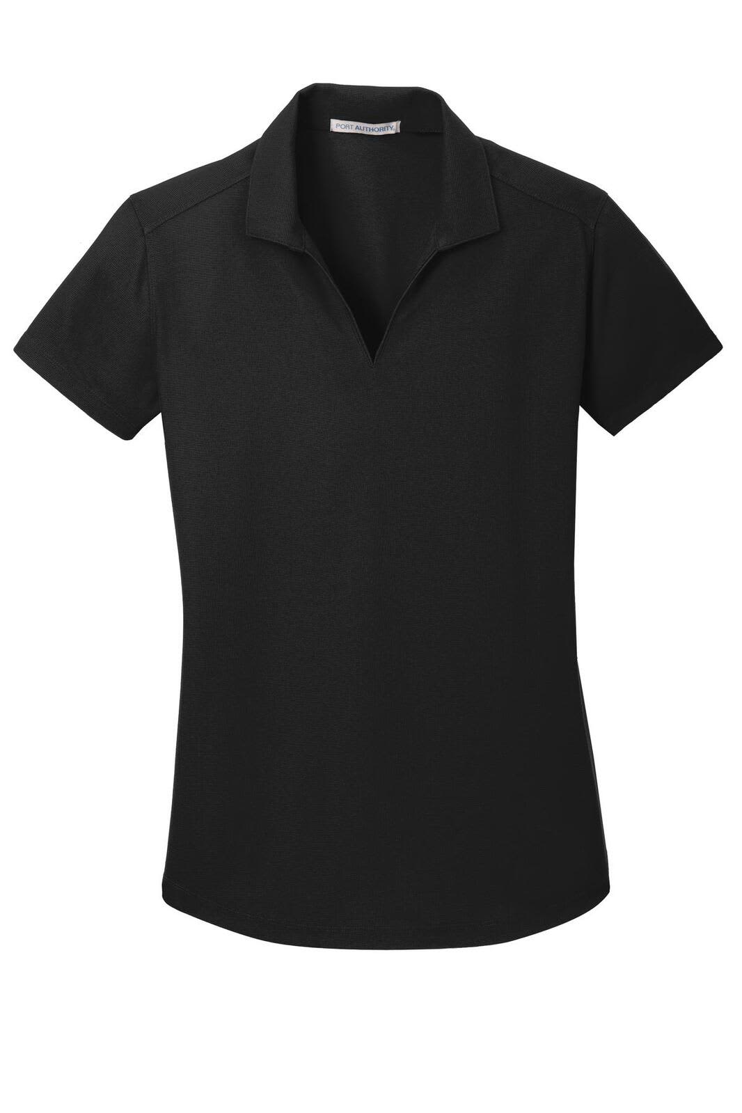 A black ladies' polo shirt with a classic collar and short sleeves, featuring a logo on the front.