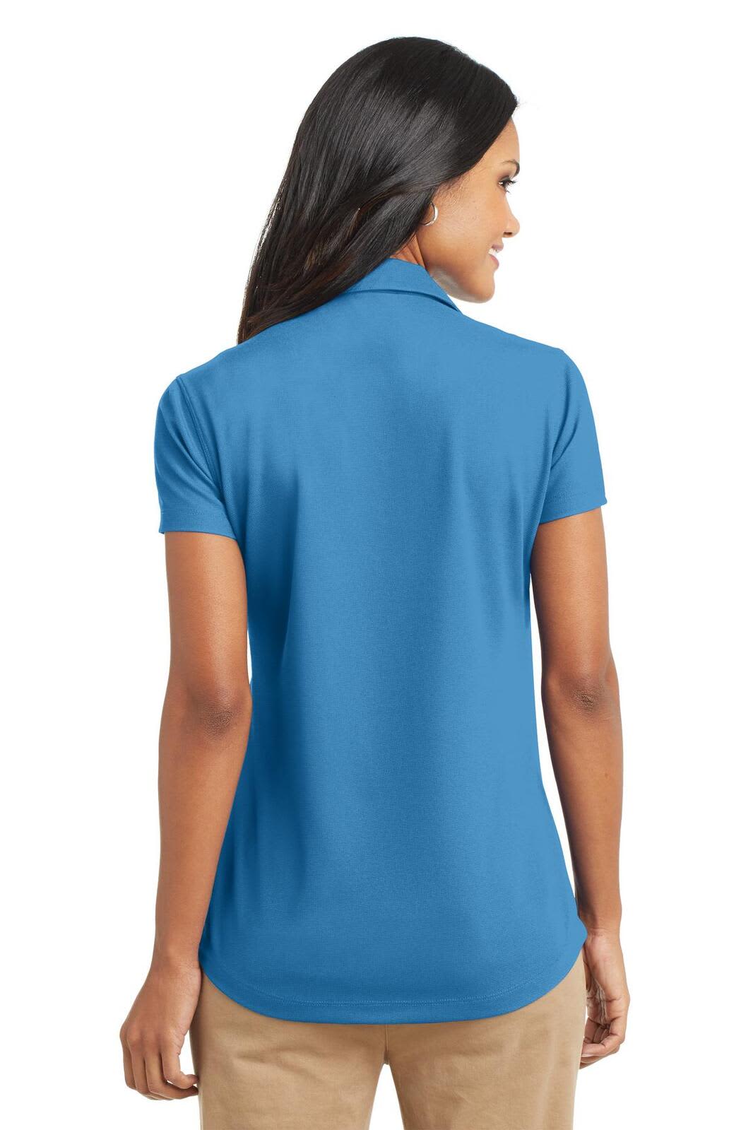 A ladies' polo shirt in blue with a classic collar and short sleeves, featuring a logo on the back.
