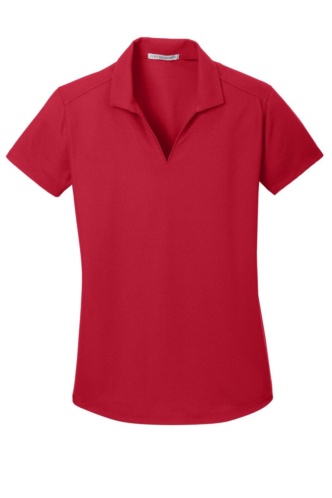A red polo shirt with a collared neckline and short sleeves, featuring a logo on the chest.