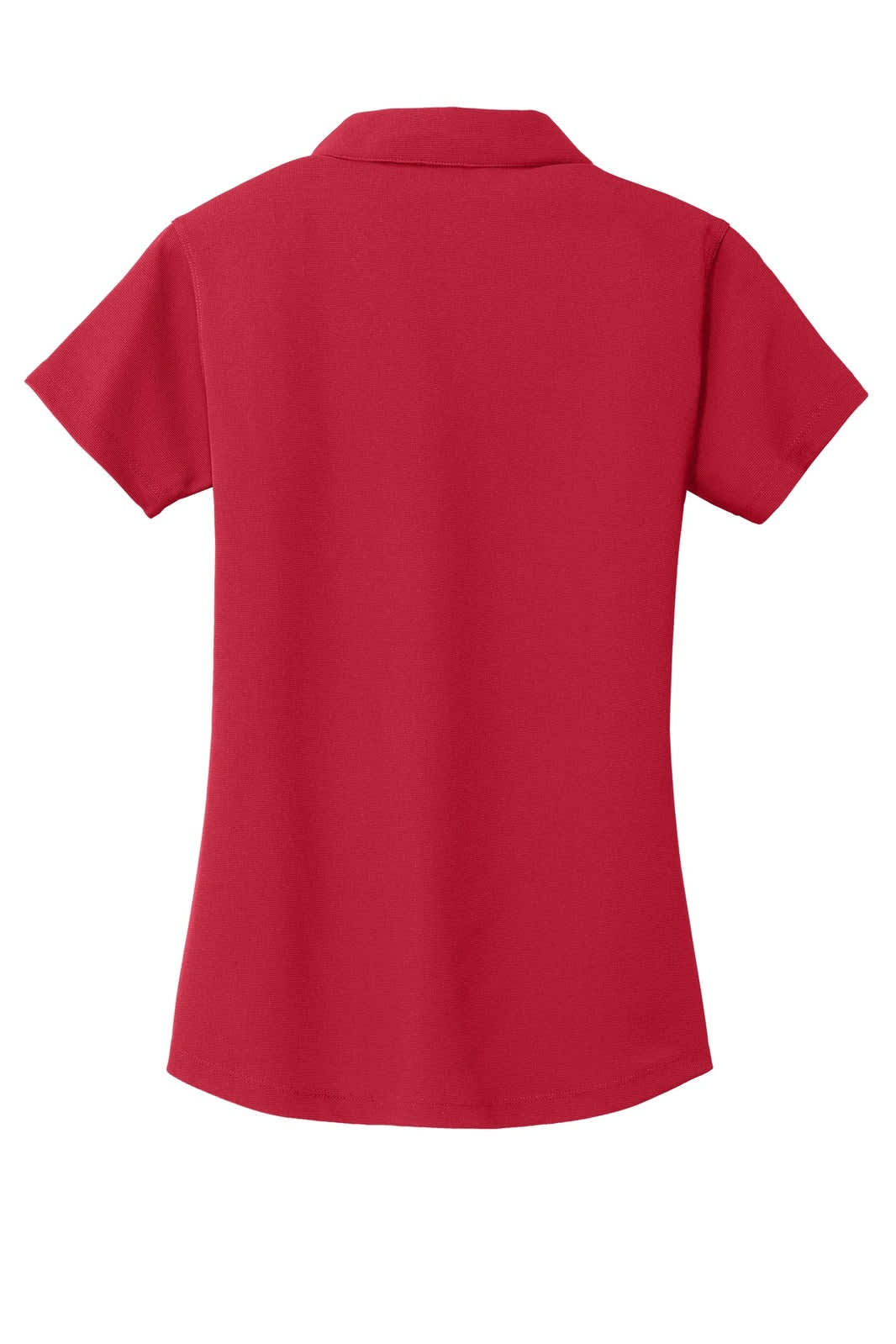 A red polo shirt featuring a collar and short sleeves, with a logo on the back.