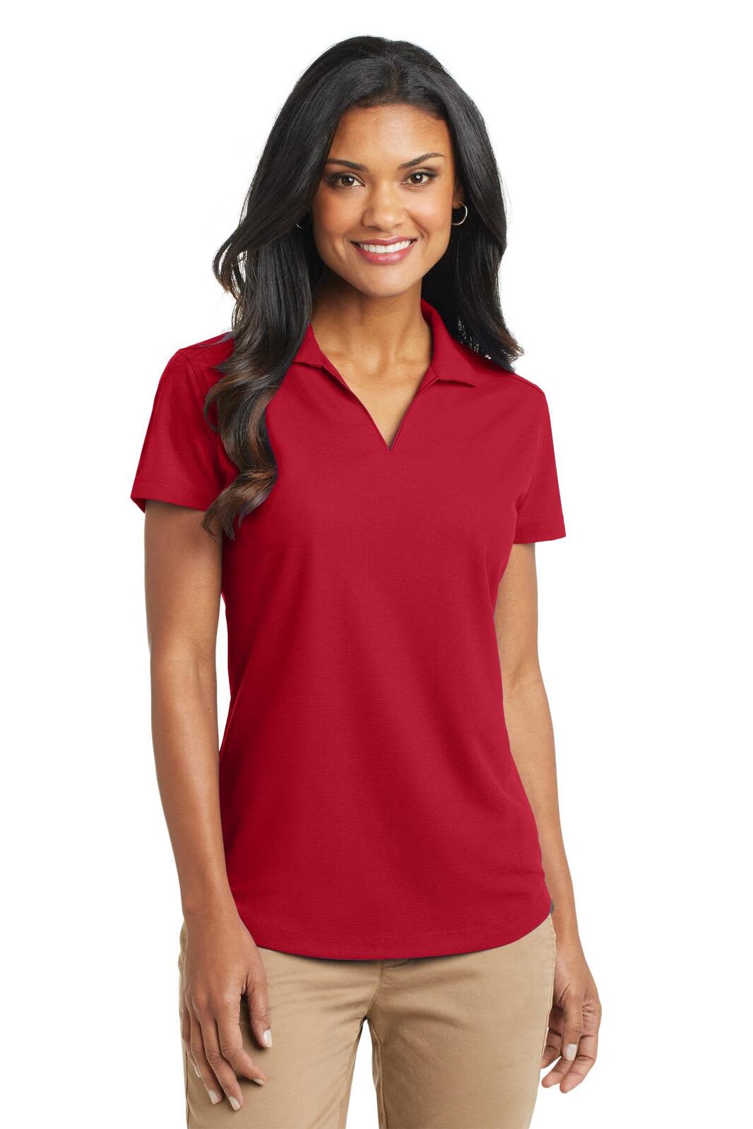 A red ladies' polo shirt with a collar and short sleeves, featuring a logo on the chest.