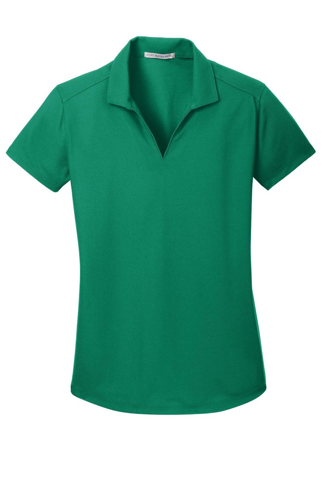 A green ladies' polo shirt with a collar and short sleeves, featuring a logo.