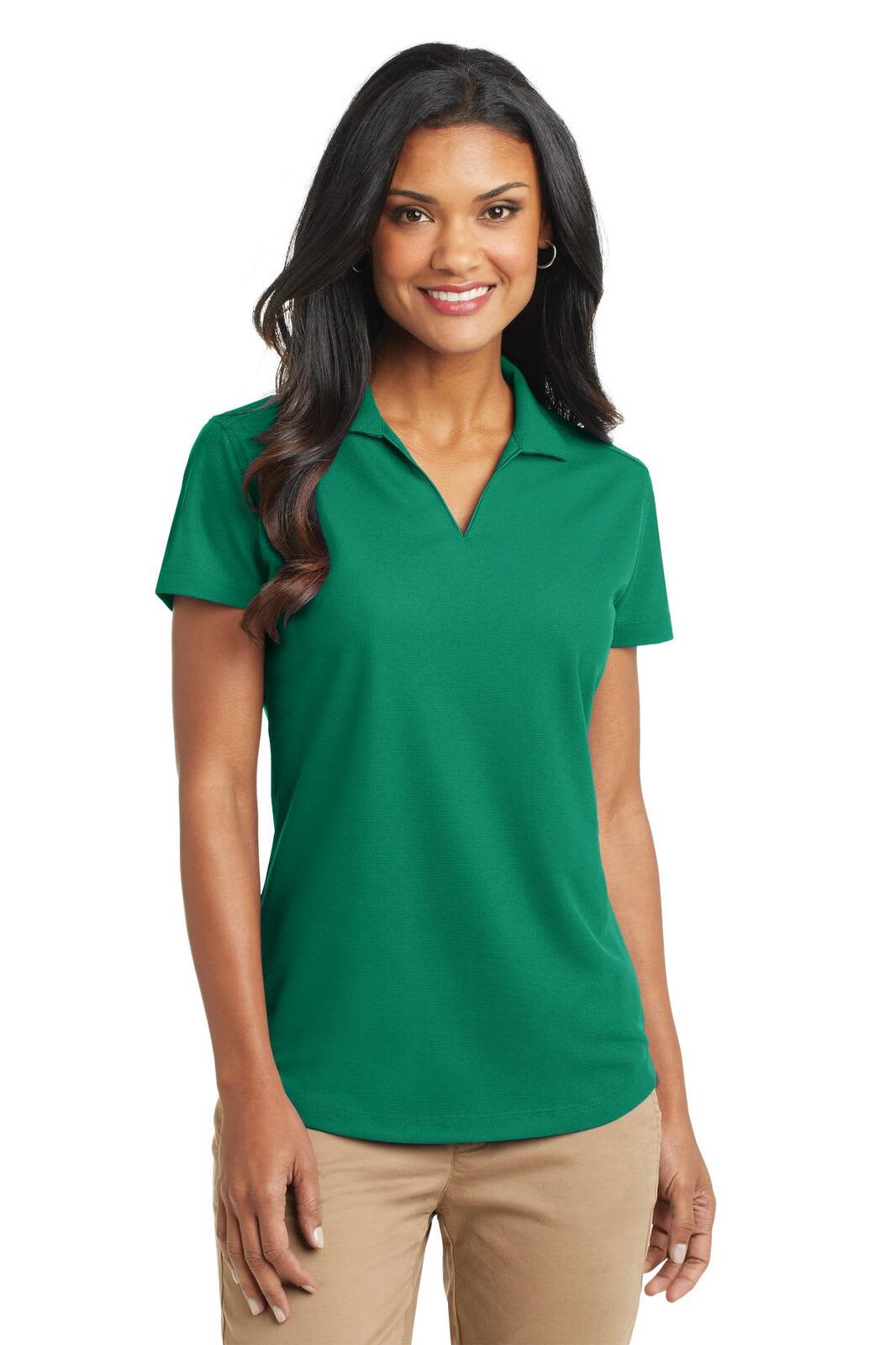 A green ladies' polo shirt featuring a collar and short sleeves, with a logo on the chest.