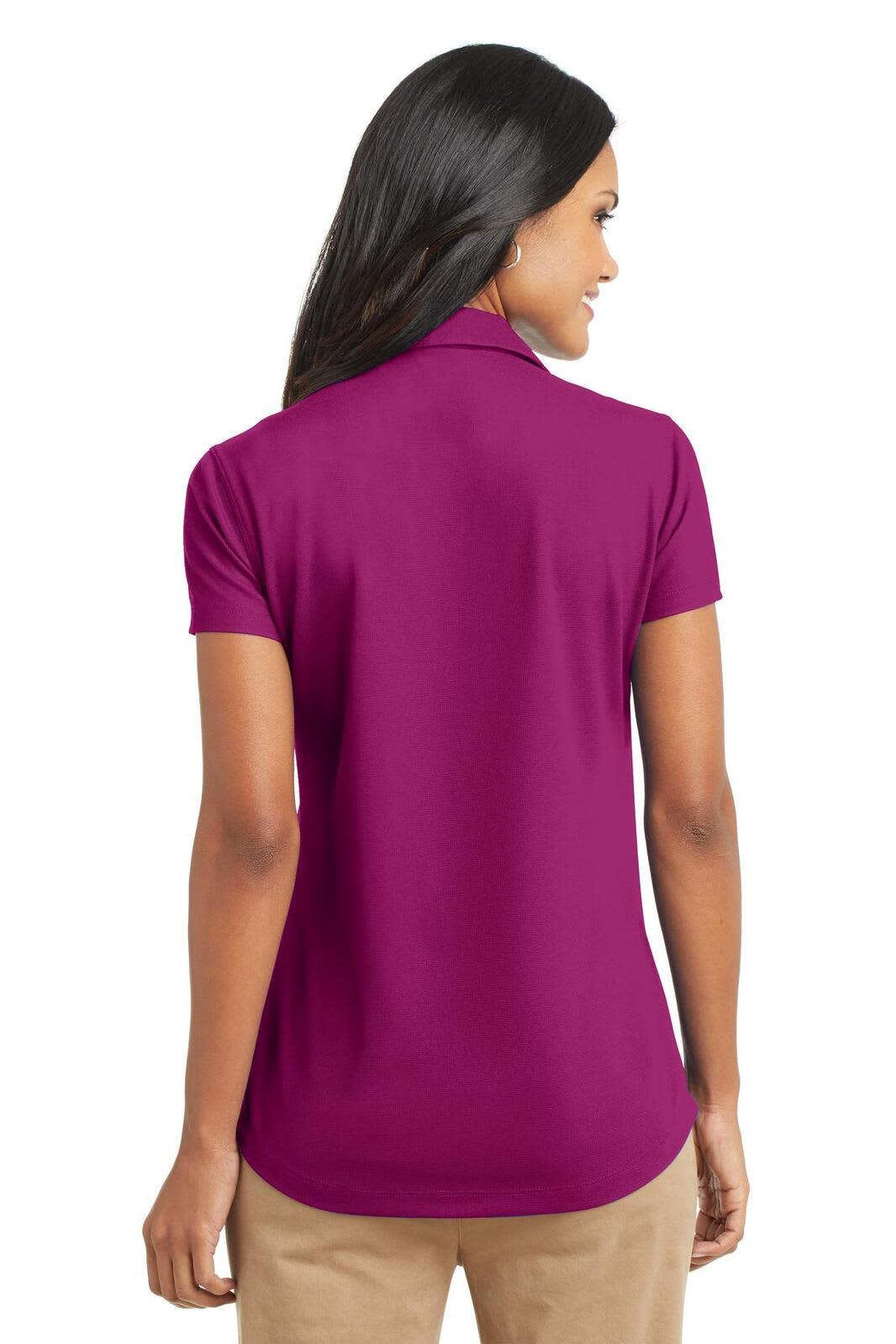 A purple polo shirt with a collar and short sleeves, featuring a logo on the back.