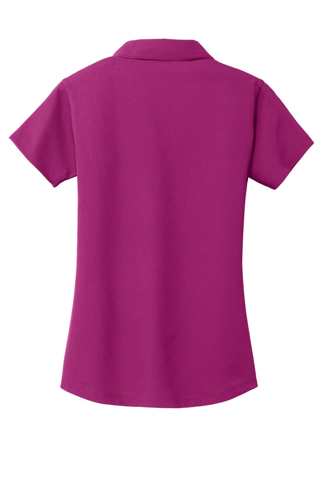 A ladies' polo shirt in a vibrant magenta colour featuring a collar and short sleeves. It has a logo on it.