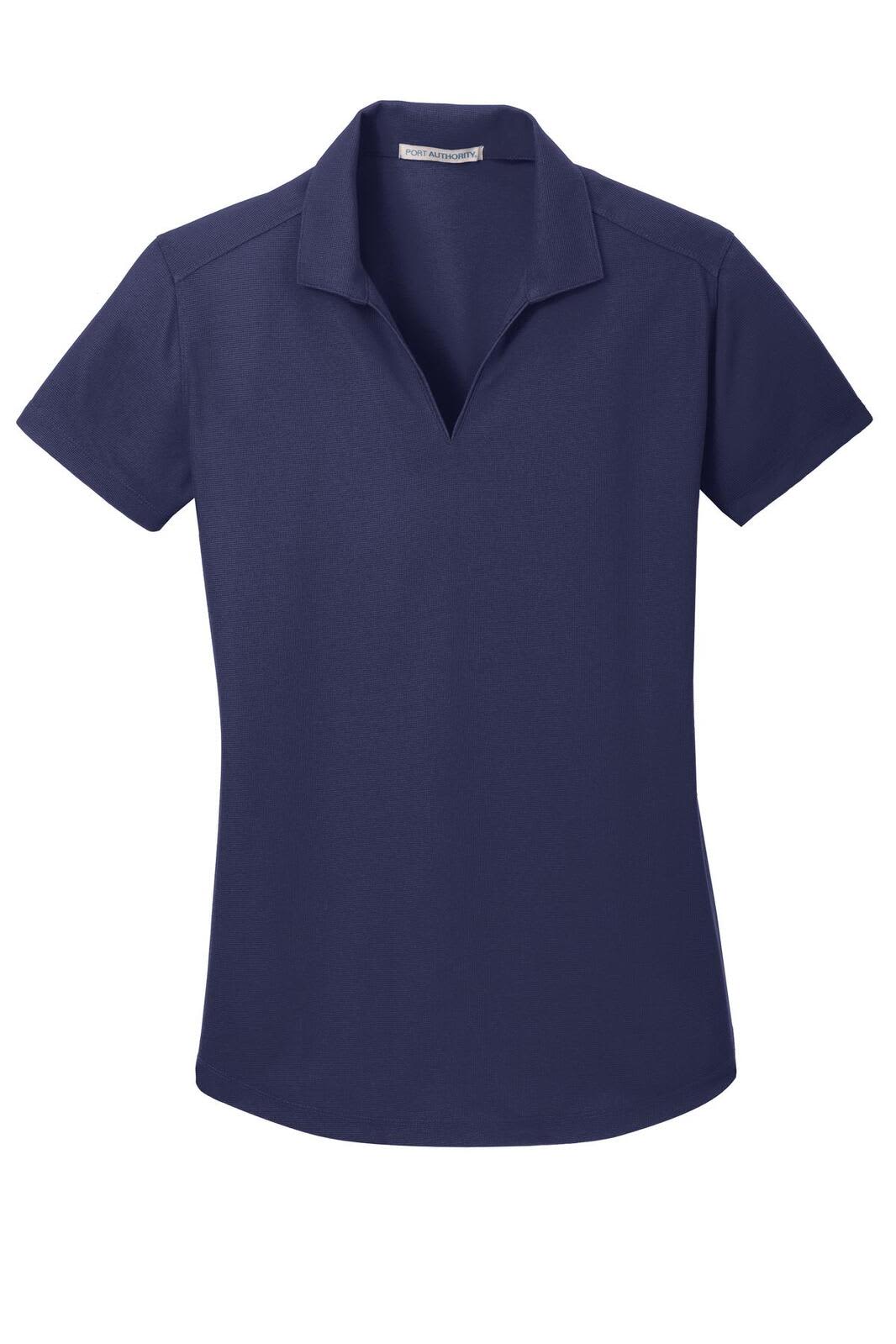 A navy blue ladies' polo shirt with a collar and short sleeves, featuring a logo on the chest.
