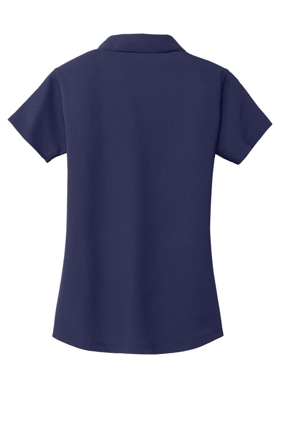 A navy blue ladies' polo shirt with a collar, featuring short sleeves and a curved hem. It has a logo on the back.