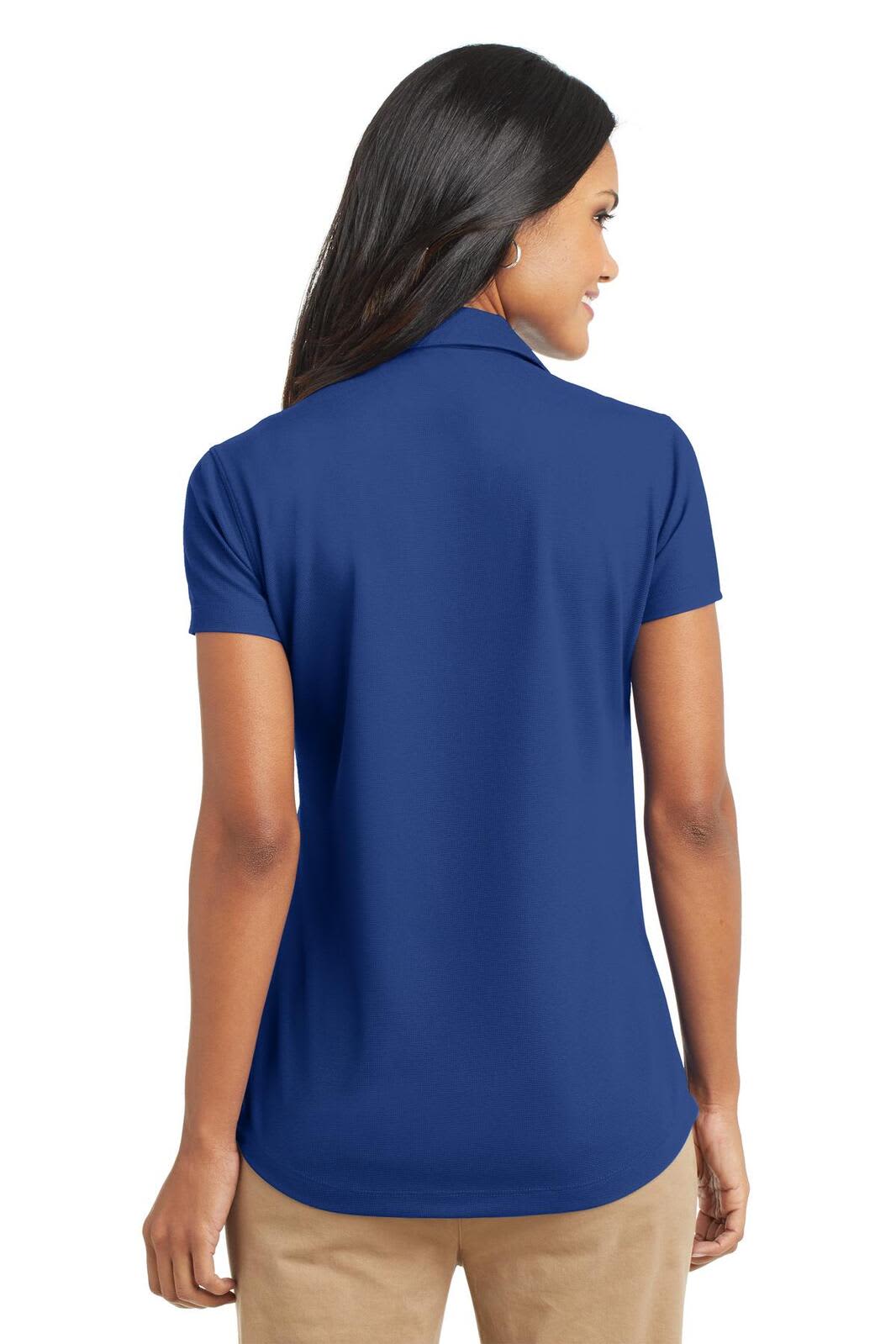 A blue ladies' polo shirt with a grid pattern and a collar, featuring a logo on the back.