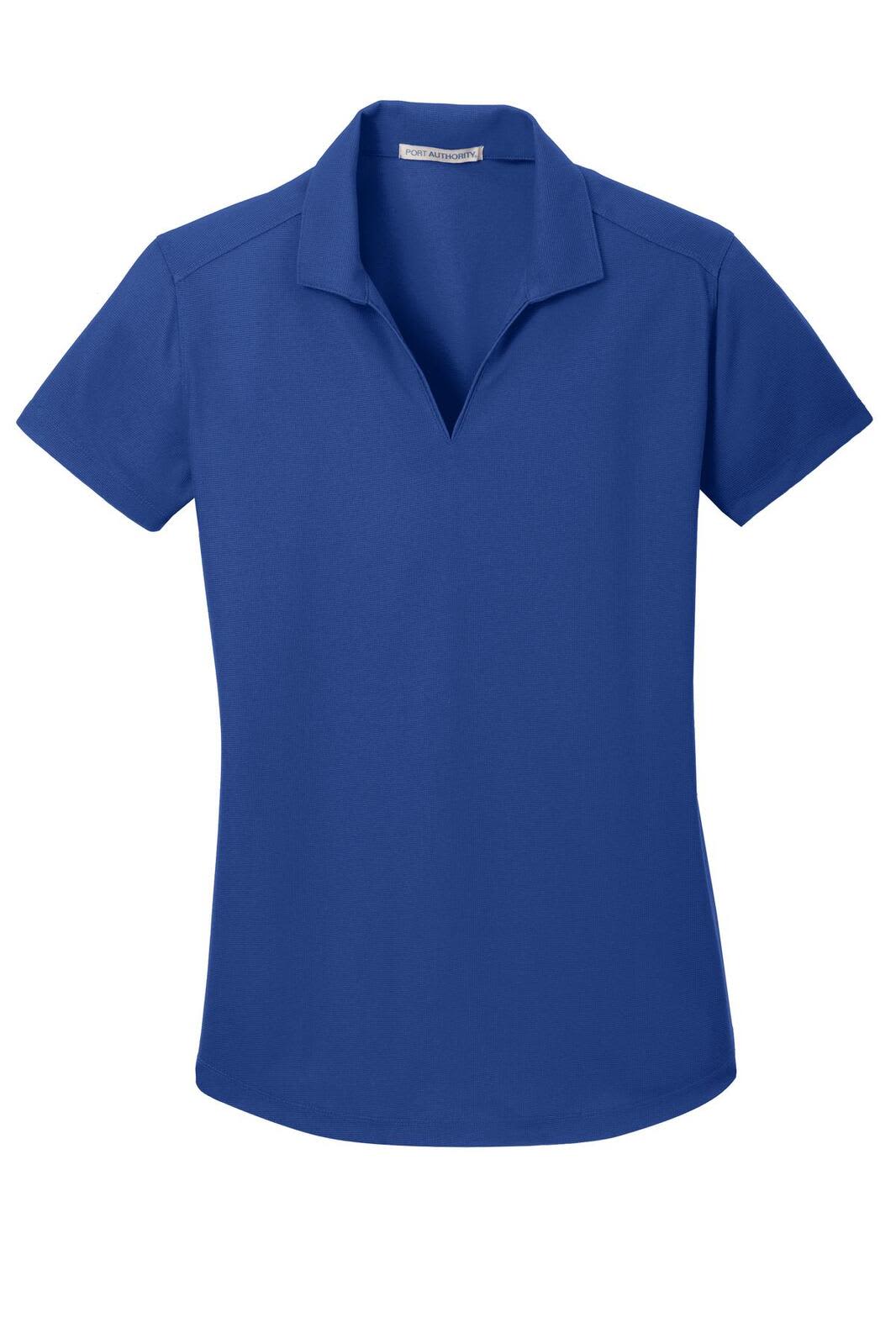 A blue ladies' polo shirt with a collar and short sleeves, featuring a logo.