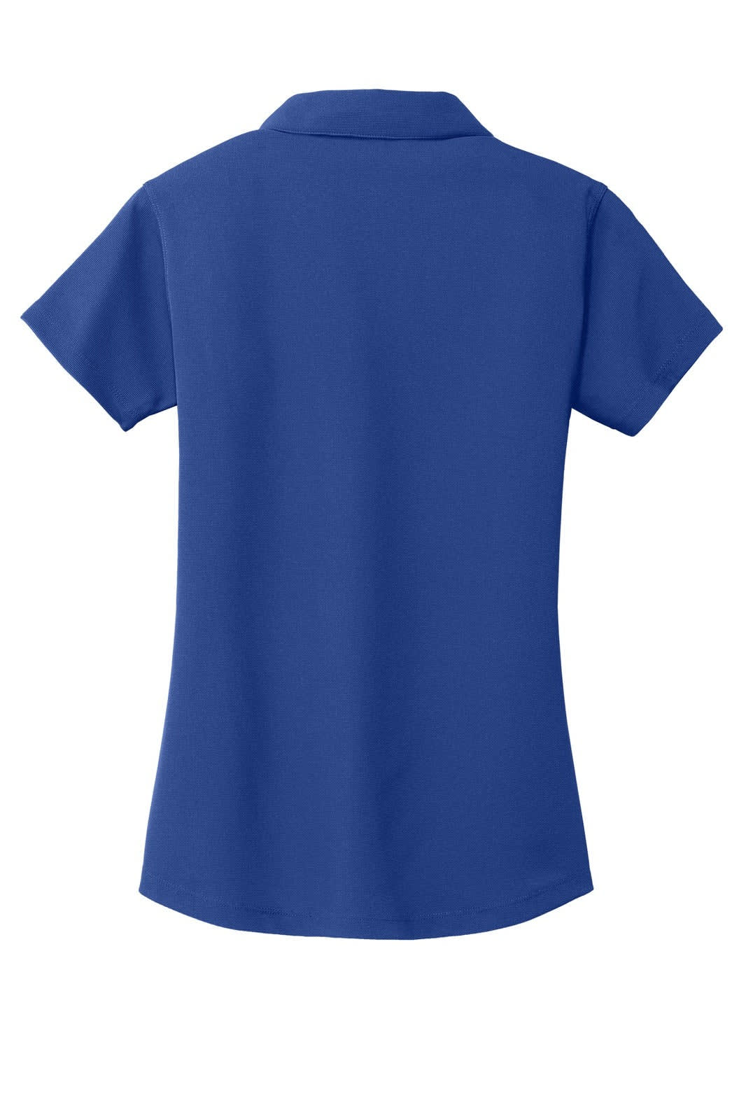 A blue ladies' polo shirt with short sleeves and a collar, featuring a branding logo on the back.