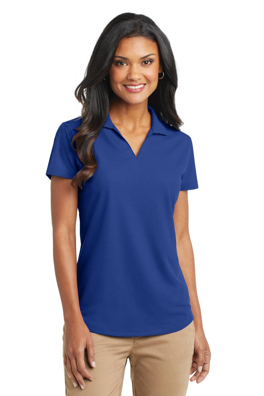 A blue women's polo shirt with a collar, short sleeves, and a branded logo on the chest.