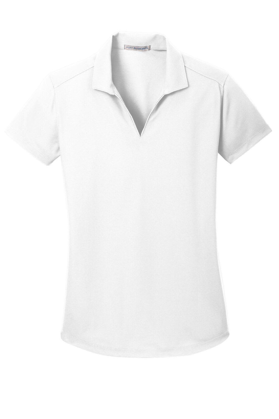 A white ladies' polo shirt featuring a collar, short sleeves, and a logo.