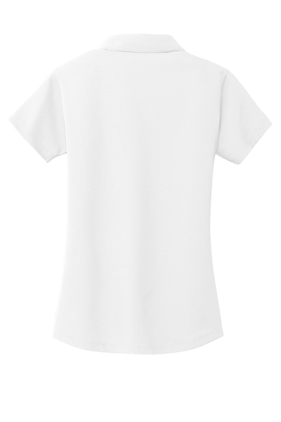 A white Polo shirt with a collar and short sleeves, featuring a logo on the back.