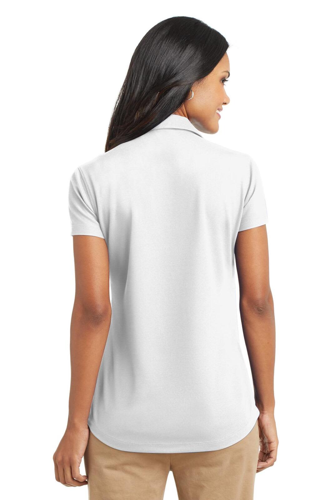 A grey ladies' polo shirt with short sleeves, featuring a collar and a back view. It has a logo on the upper back.
