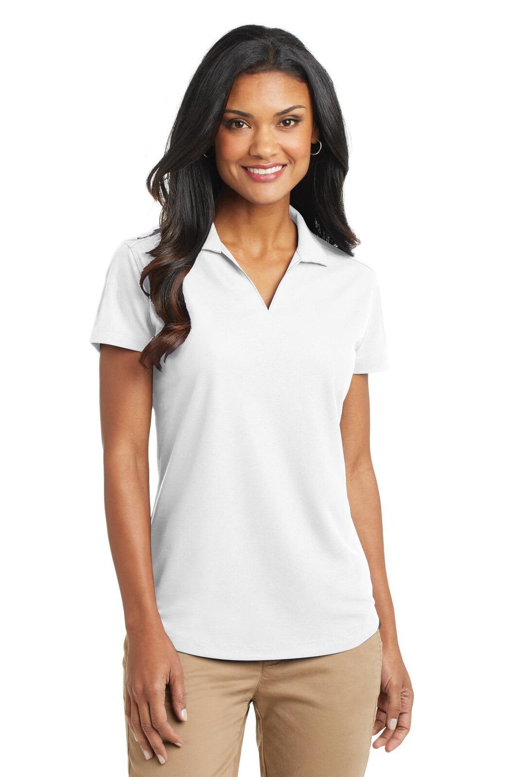 A white polo shirt for ladies with a collar and short sleeves, featuring a logo on the chest.