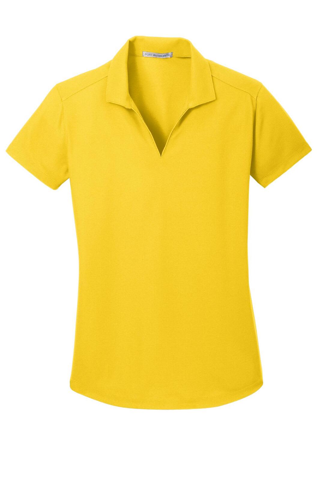 A yellow ladies' polo shirt with a classic collar and short sleeves, featuring a logo.