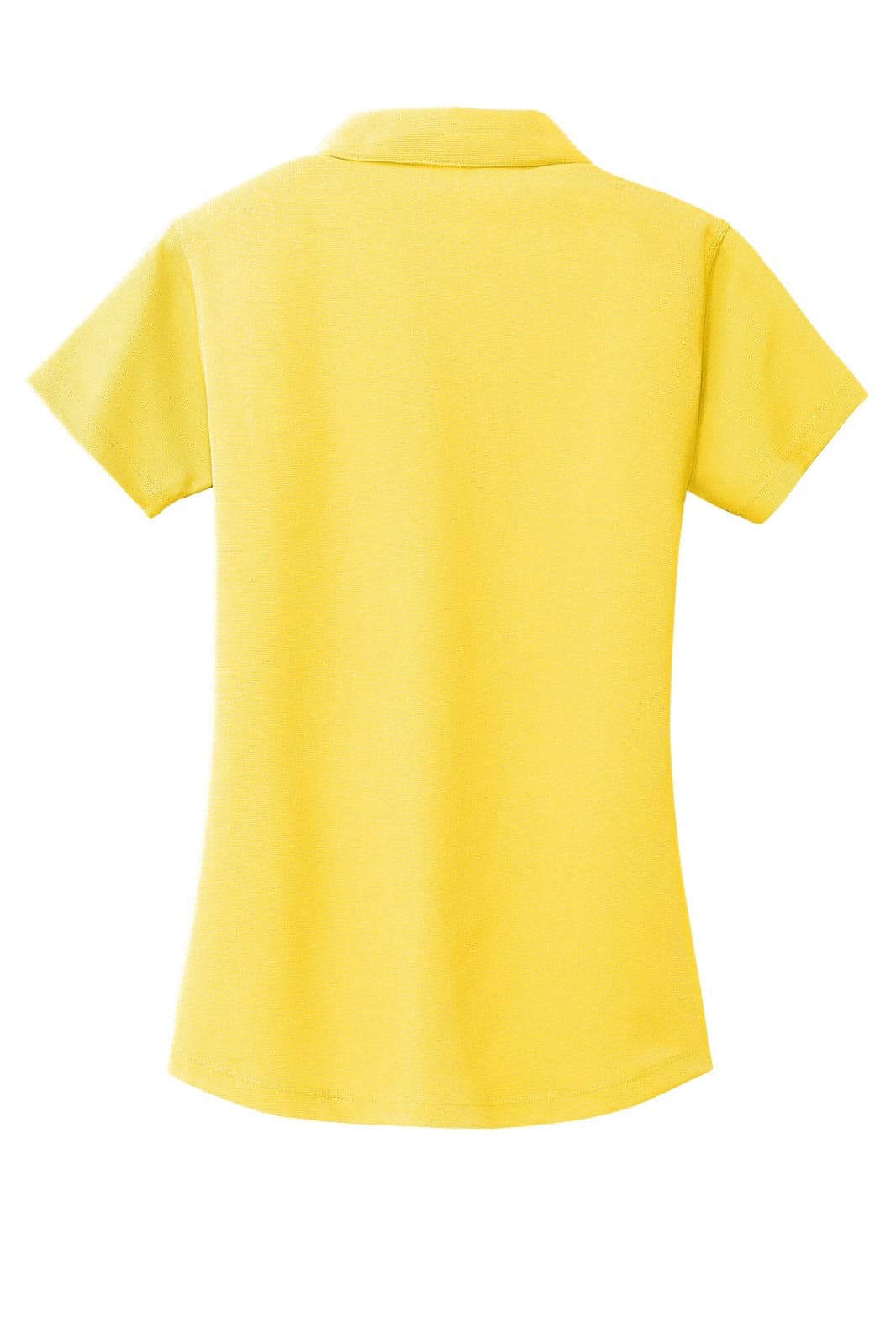A yellow polo shirt with a collared neckline and short sleeves, featuring a logo on the back.