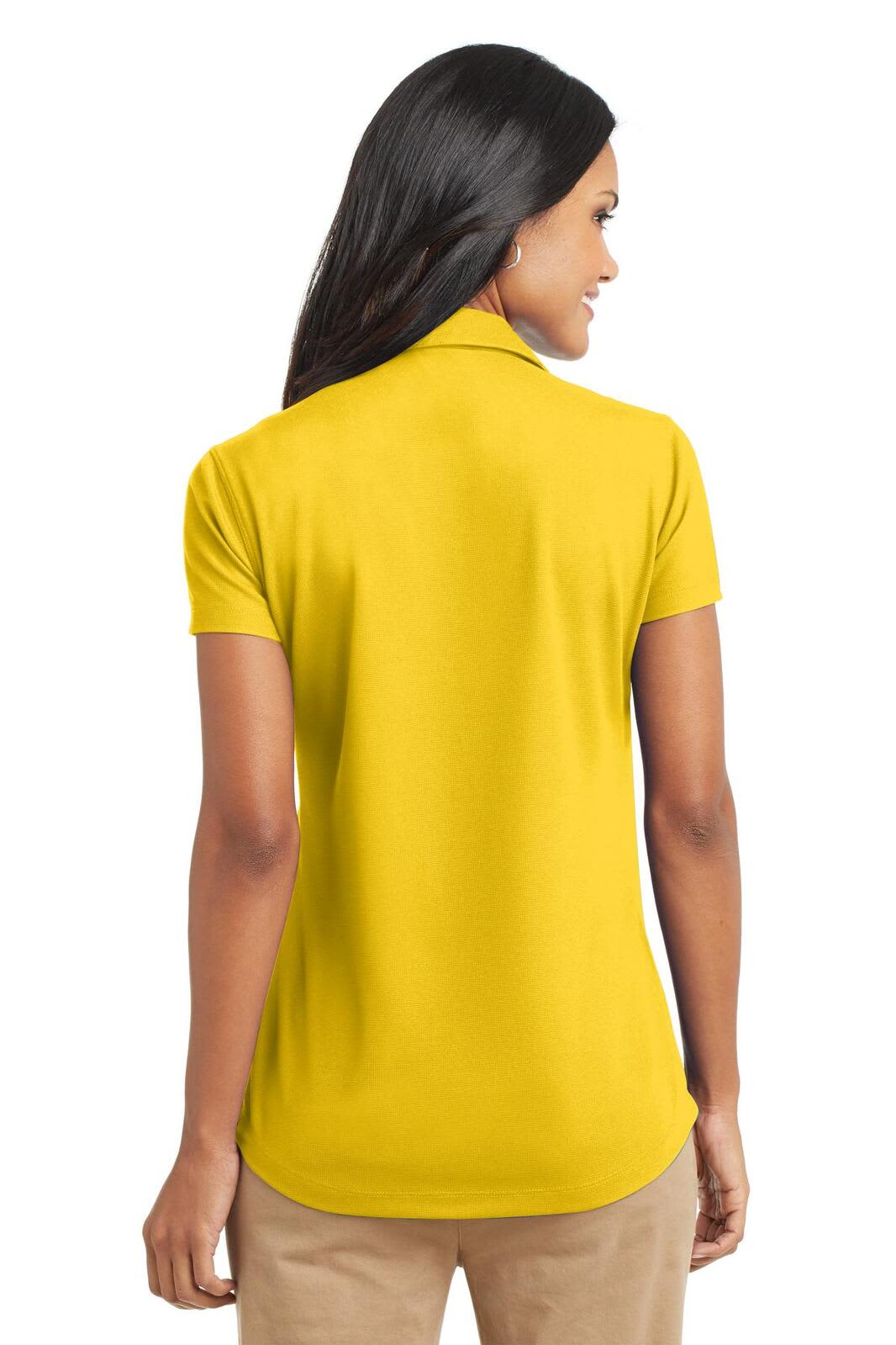 A back view of a women's polo shirt in bright yellow with short sleeves, featuring a logo.