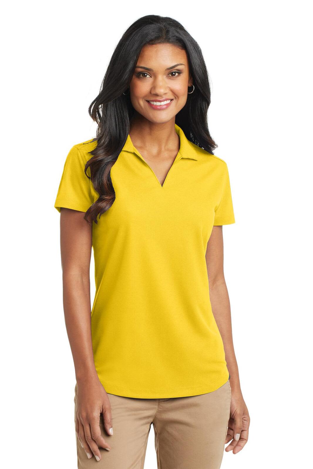A bright yellow ladies' polo shirt featuring a collar and short sleeves, with a logo on the chest.