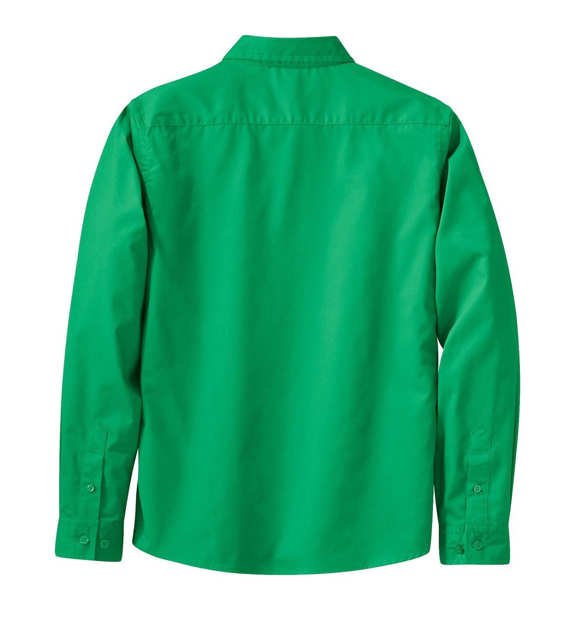 A vibrant green long sleeve button-up shirt with a classic collar and button cuffs, featuring a logo.