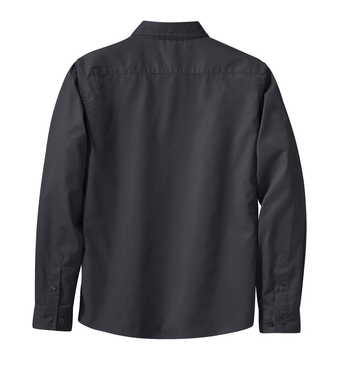 A black long sleeve button-up shirt with a collared neck and buttoned cuffs, featuring a logo.