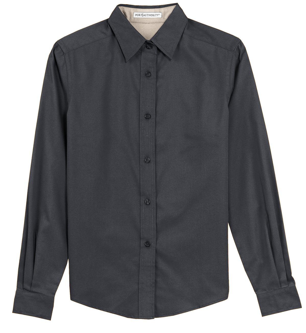 A ladies long sleeve button-up shirt in dark grey, featuring a collar and a logo on the label.