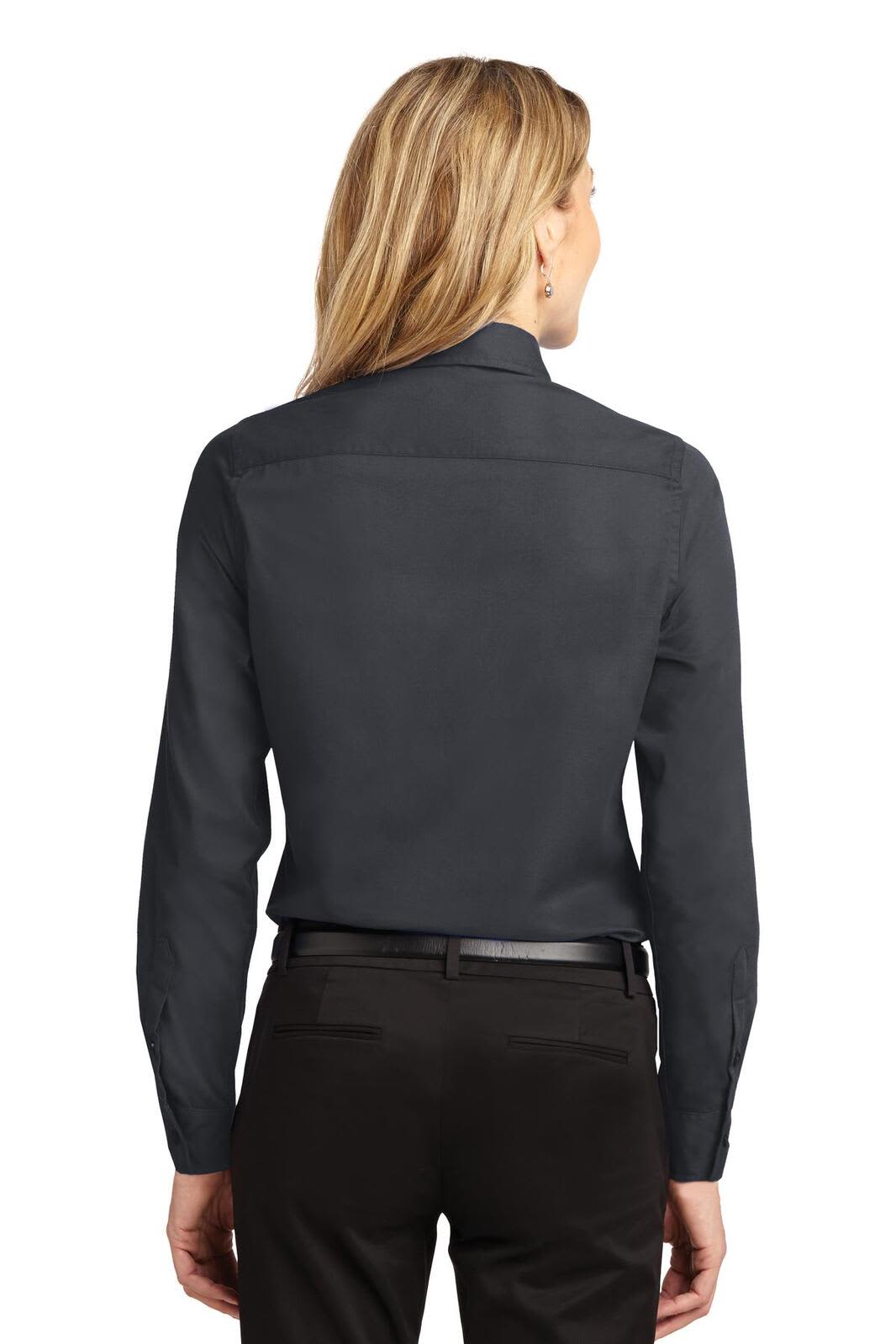 A dark grey long sleeve button-up shirt with a fitted design, featuring a simple collar and a logo on the back.
