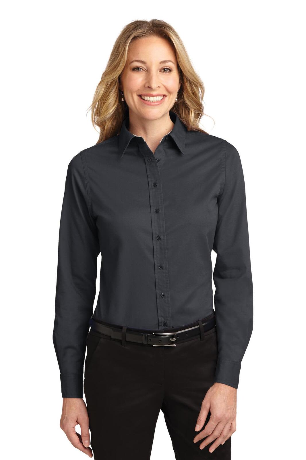 A long-sleeve button-up shirt in dark grey, featuring a collar and a logo.