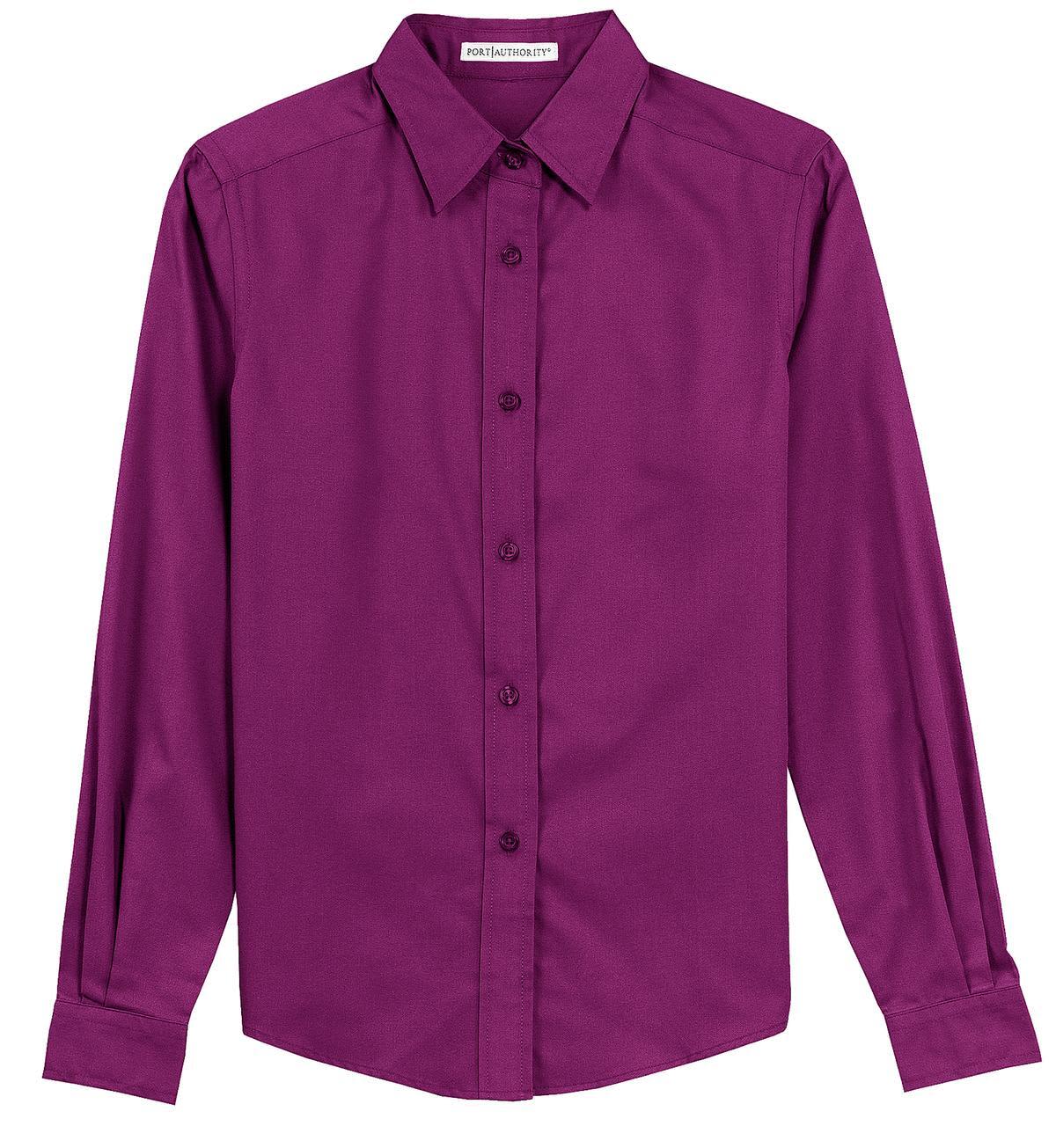 A purple long sleeve button-up shirt with a collar and a front button closure, featuring a logo on the sleeve.