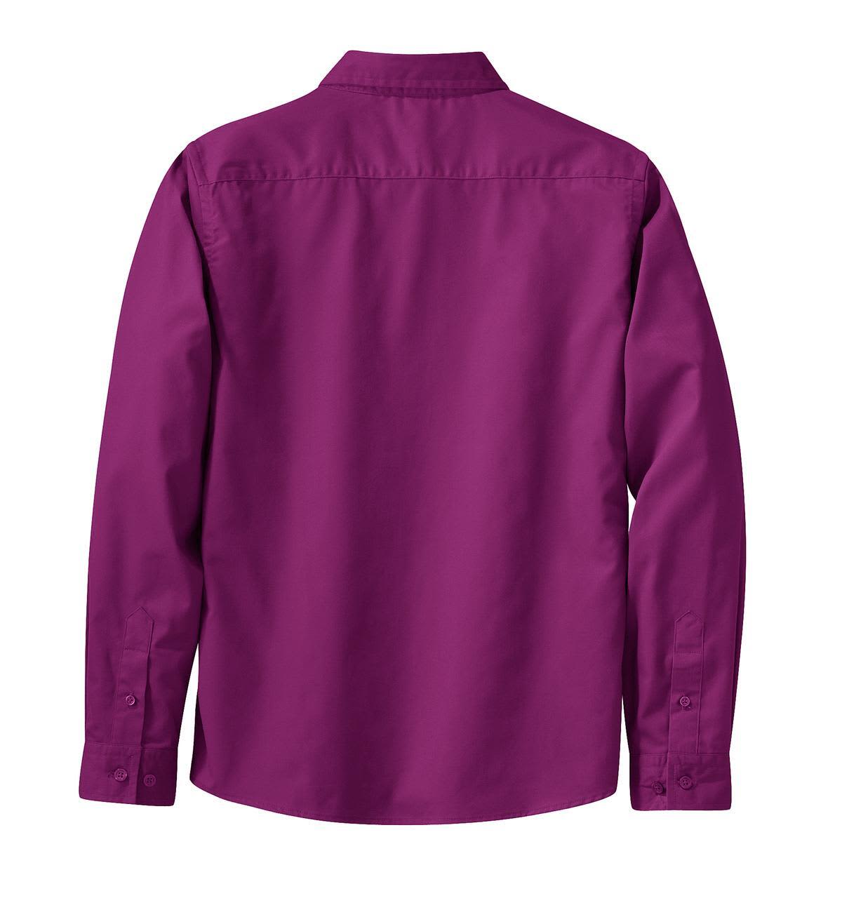 A back view of a long sleeve button-up shirt in vibrant purple, featuring a collar and button details.