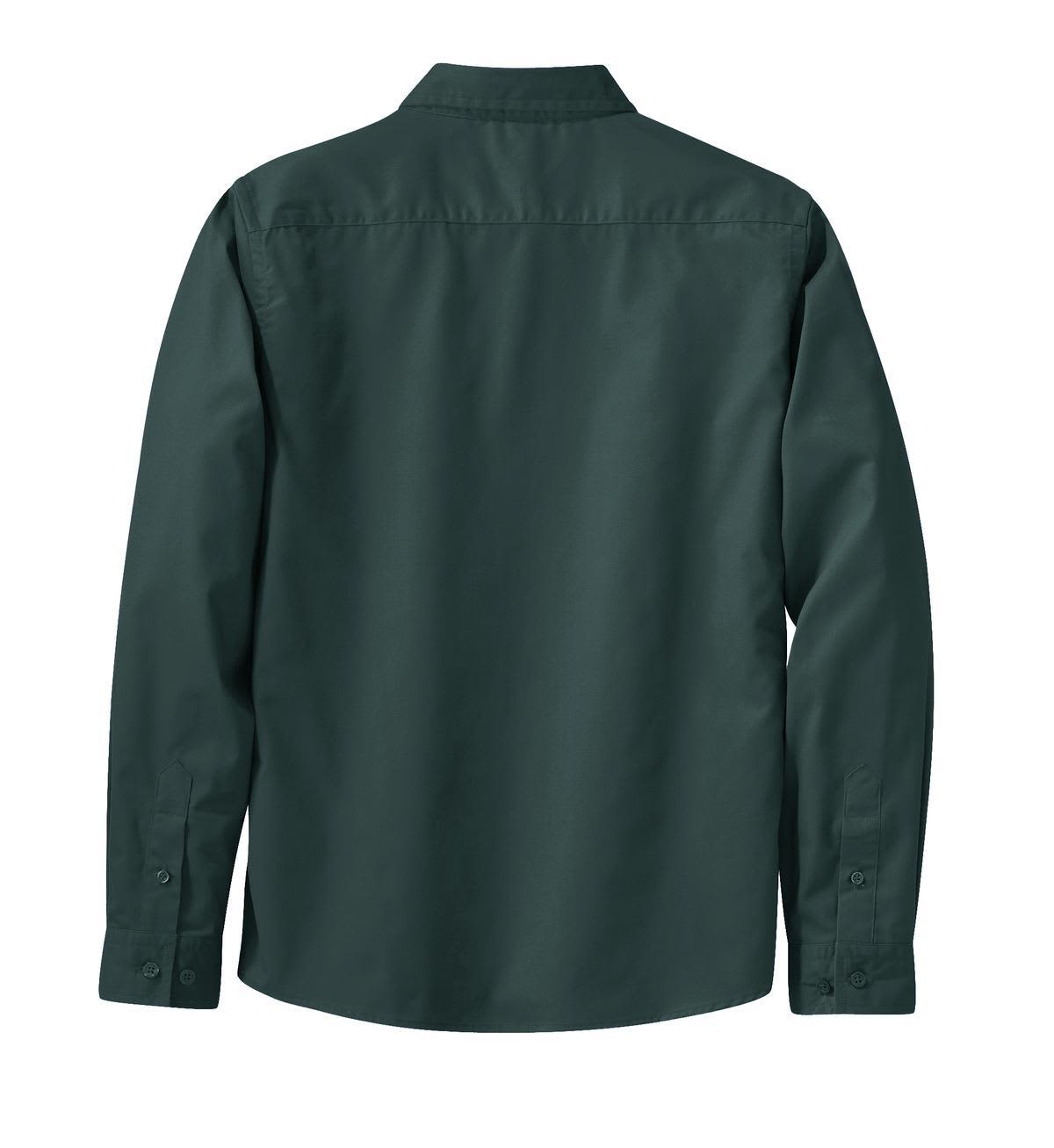 A dark green long sleeve button-up shirt with a simple back design and a collar. Features buttoned cuffs and a logo.