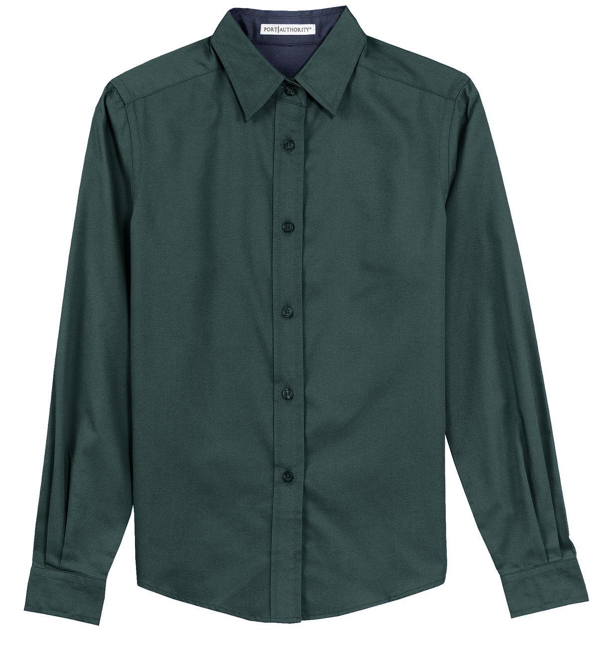 A dark green long sleeve button-up shirt with a collar and a logo.