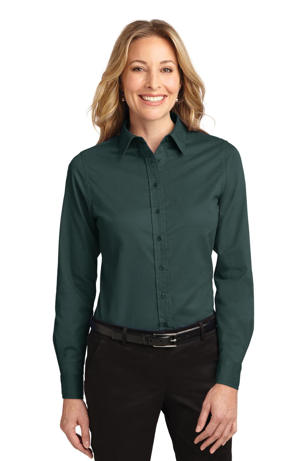 A long sleeve button-up shirt in dark green, featuring a collar and a logo. Suitable for casual or professional wear.