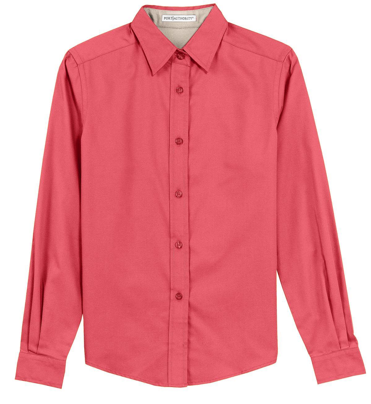 A long sleeve, button-up shirt in a vibrant pink colour, featuring a collar and a logo on the label.
