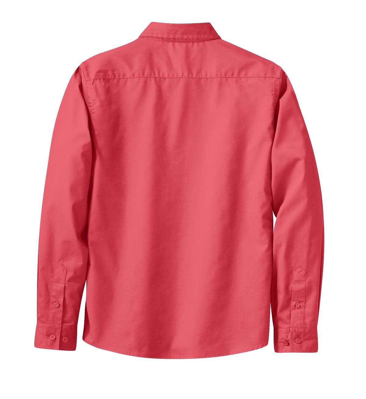 A back view of a coral pink Port Authority ladies' long sleeve button-up shirt, featuring a collar and button cuffs.