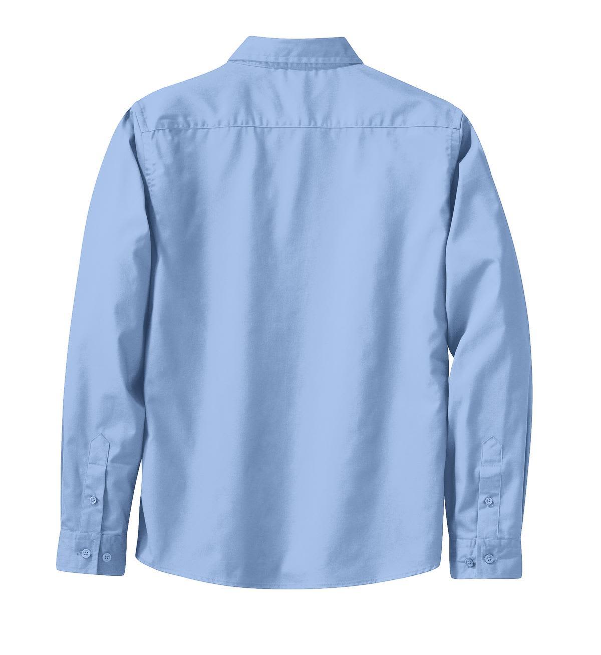 A light blue long sleeve button-up shirt with a collar and cuff details, featuring a logo.