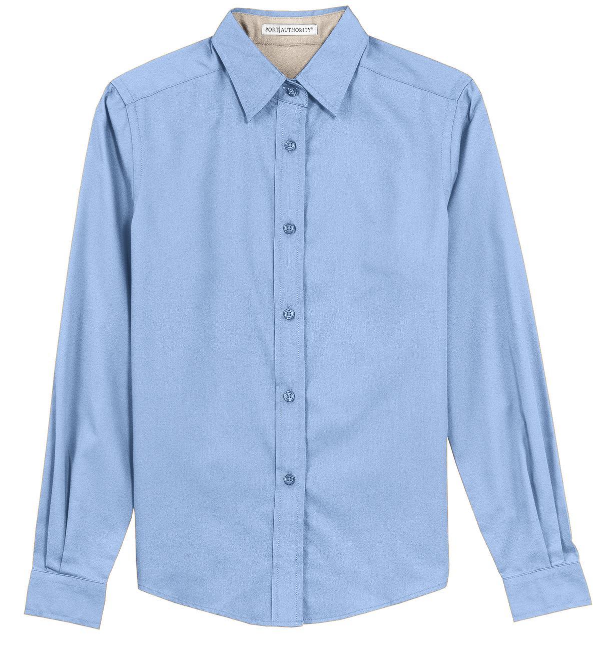 A light blue long sleeve button-up shirt with a collar and a logo on the label.