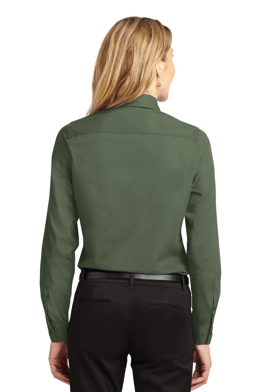 A back view of a Port Authority Ladies Long Sleeve Easy Care Shirt in green, featuring a collar and button-up design.