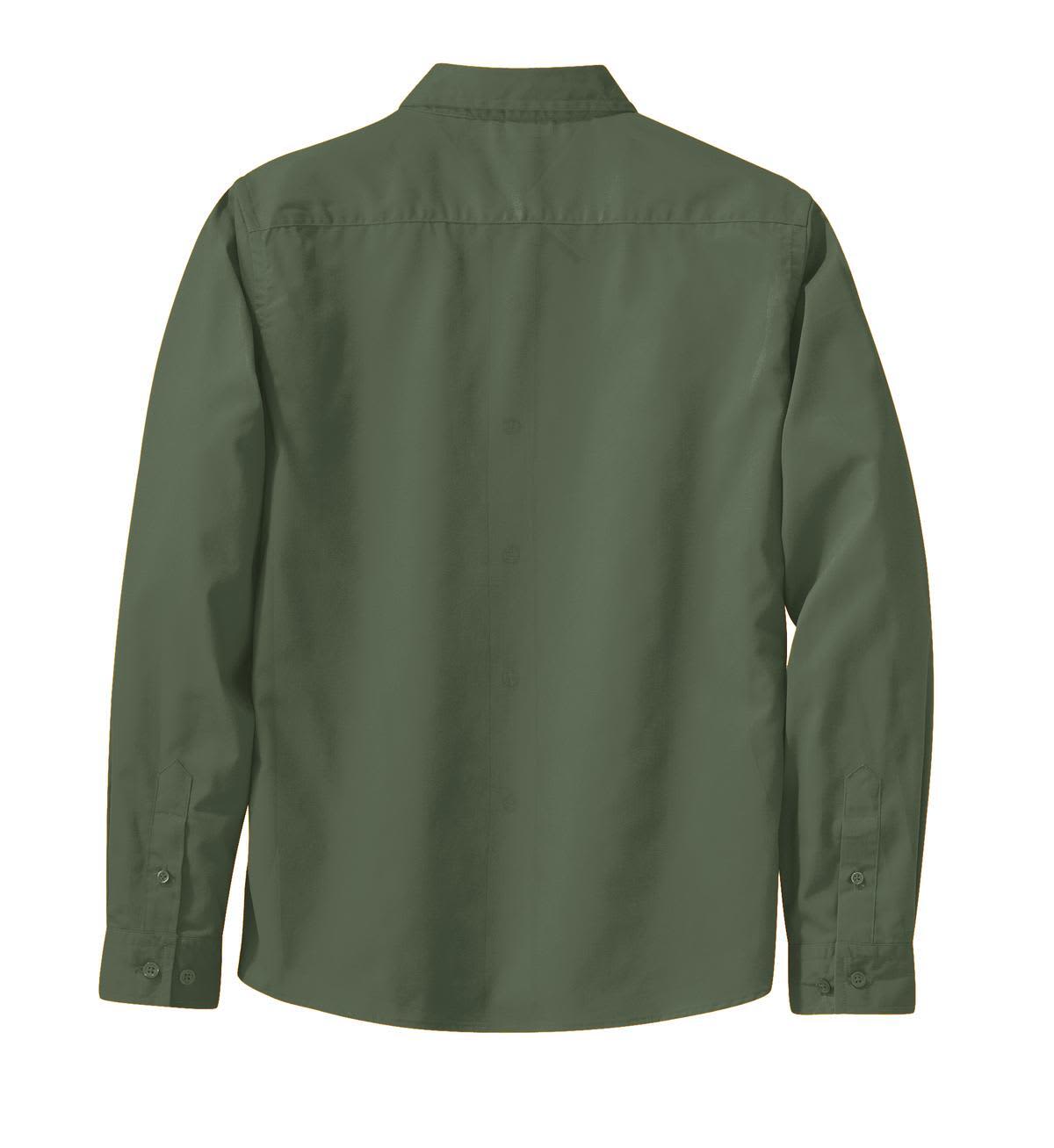 A green long sleeve button-up shirt with a back collar and buttoned cuffs. It has a logo on the label.