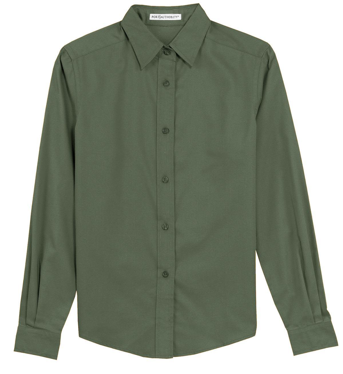 A long sleeve button-up shirt in olive green, featuring a collar and a logo on the label.