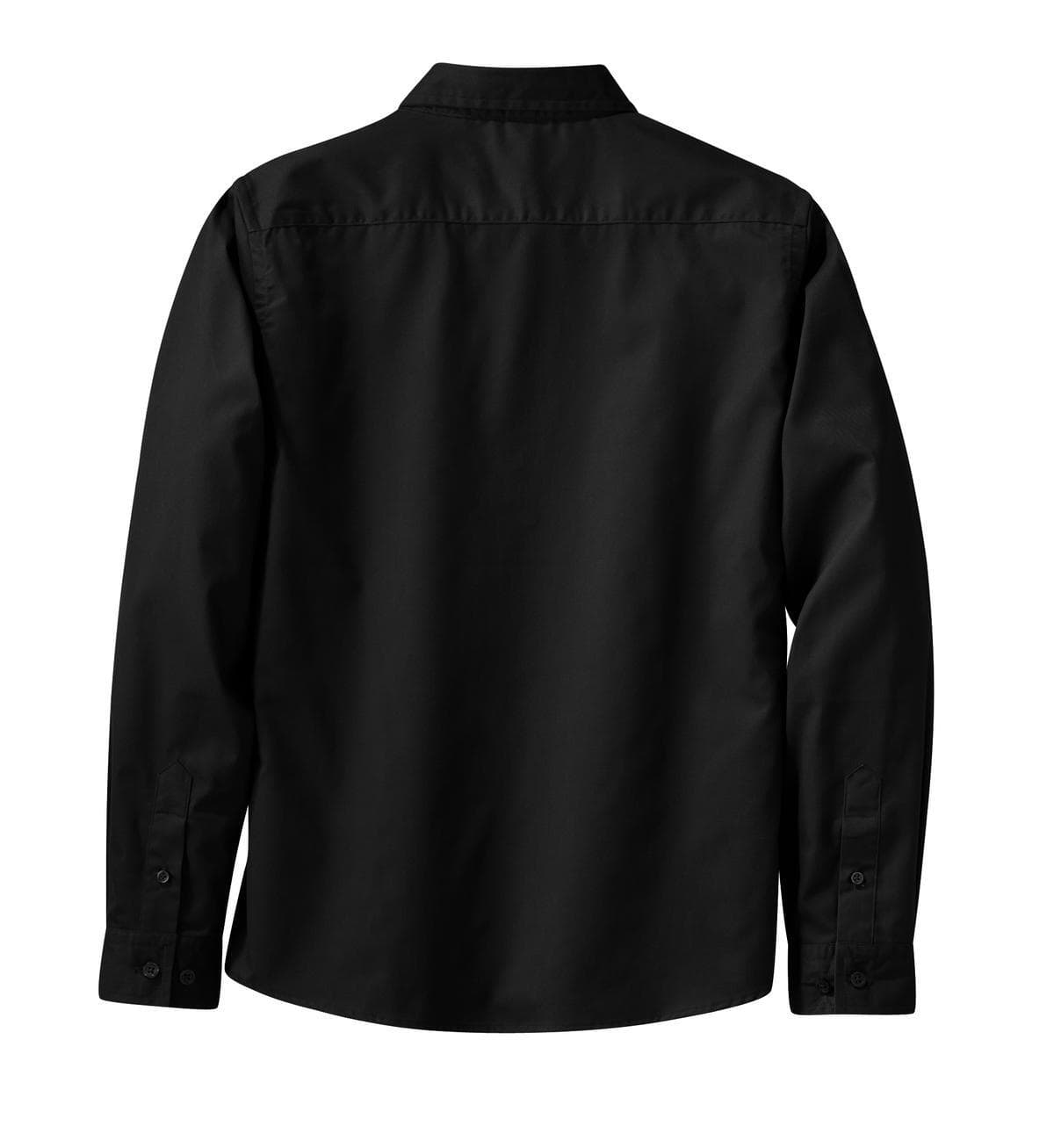 A black long sleeve button-up shirt with a collar and a logo on the back.