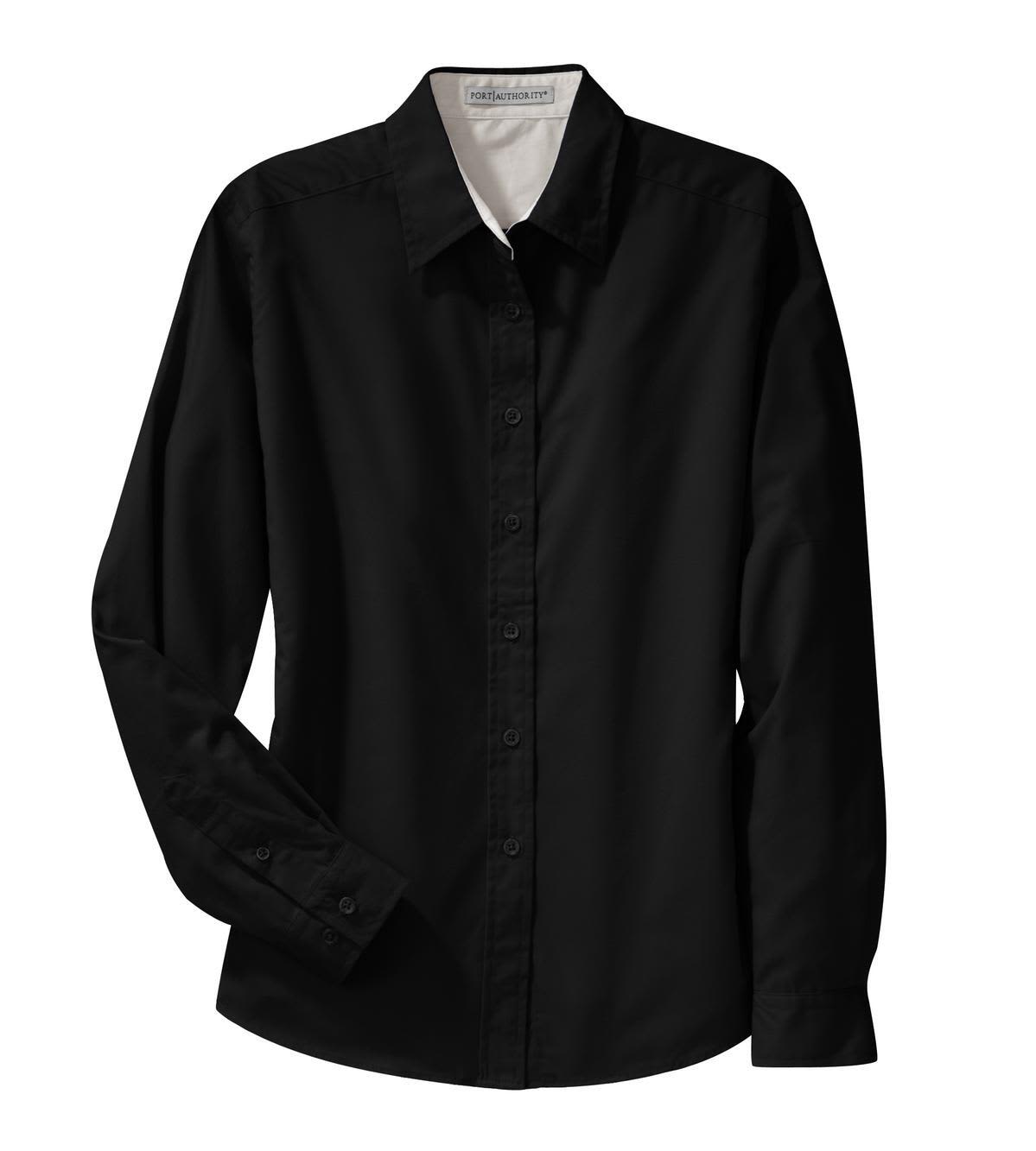 A black long sleeve button-up shirt with a collar and a logo, featuring an easy-care fabric.