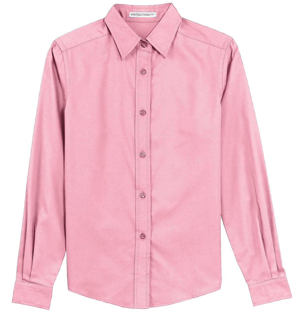 A pink long sleeve button-up shirt featuring a collar and button placket, with a branding logo on it.