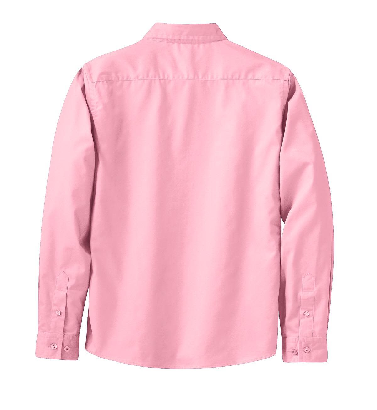 A pink long sleeve button-up shirt with a back view, featuring a collar and buttoned cuffs.