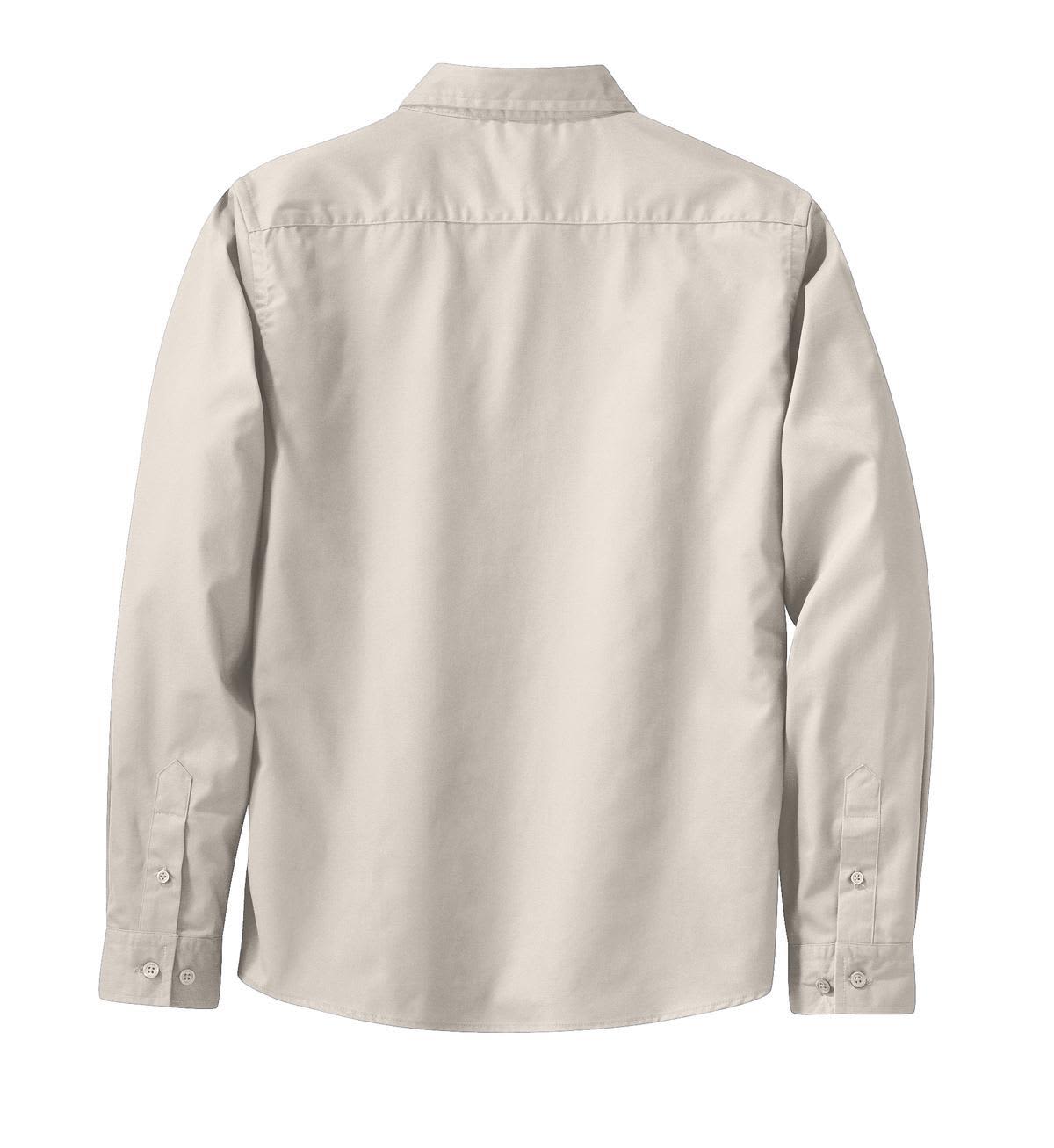 A light beige long sleeve button-up shirt with a back view and a collar, featuring a logo.