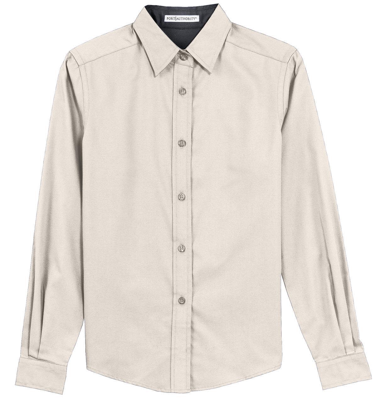 A light beige long sleeve button-up shirt with a contrasting collar and a logo on the chest.